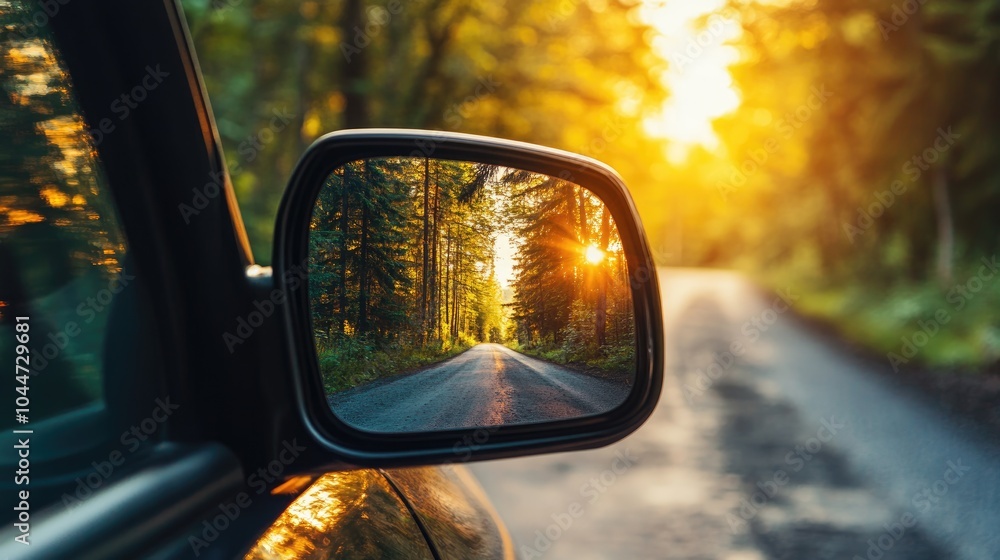 Rearview mirror of a vehicle captured on the roadside displaying sunlight reflections Travel concept Rearview mirror of a vehicle captured on the roadside displaying sunlight reflections Travel concept