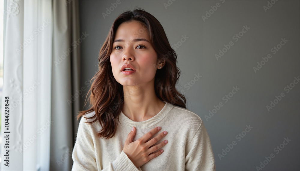 Young woman expressing chest pain while touching her heart against a gray background