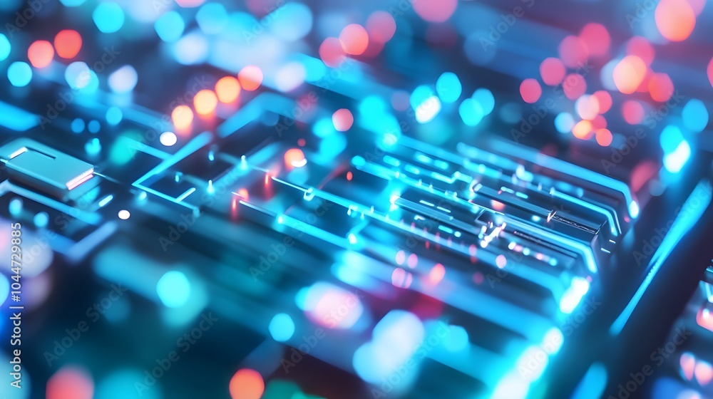 Abstract close-up of a circuit board with blue and red lights. Abstract close-up of a circuit board with blue and red lights.