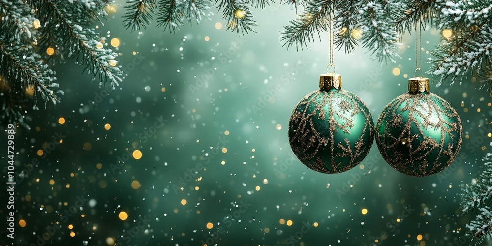 Christmas banner with green baubles and snowflake decorations Christmas banner with green baubles and snowflake decorations