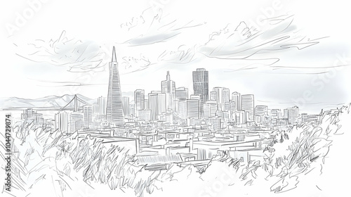 Hand-drawn sketch of the San Francisco skyline, including the iconic Golden Gate Bridge, Transamerica Pyramid, and Coit Tower.