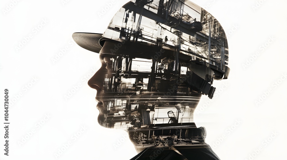 A double exposure portrait of a man's profile with a factory inside his head. A double exposure portrait of a man's profile with a factory inside his head.
