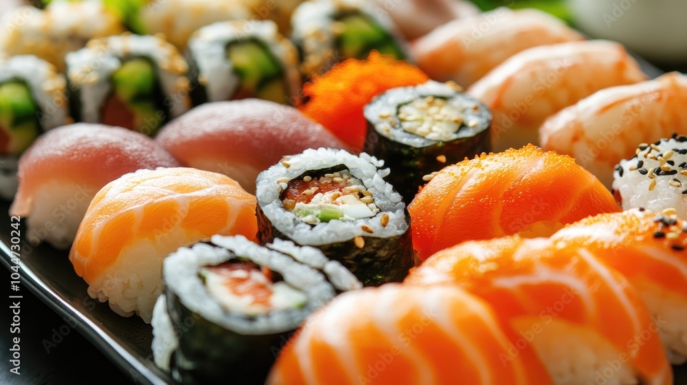 Sushi and roll assortment on a plate culinary backdrop Sushi and roll assortment on a plate culinary backdrop
