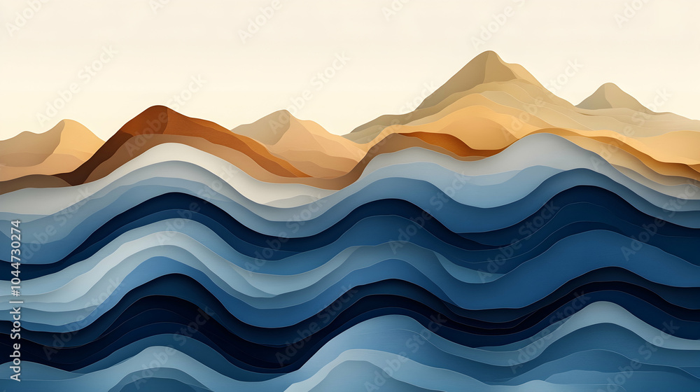 Fototapeta premium Abstract paper cut mountains and ocean waves in blue, brown, and beige colors.