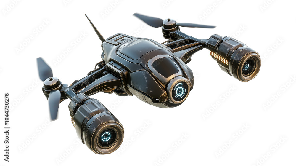 A sophisticated drone with a high-resolution camera isolated on a white background A sophisticated drone with a high-resolution camera isolated on a white background