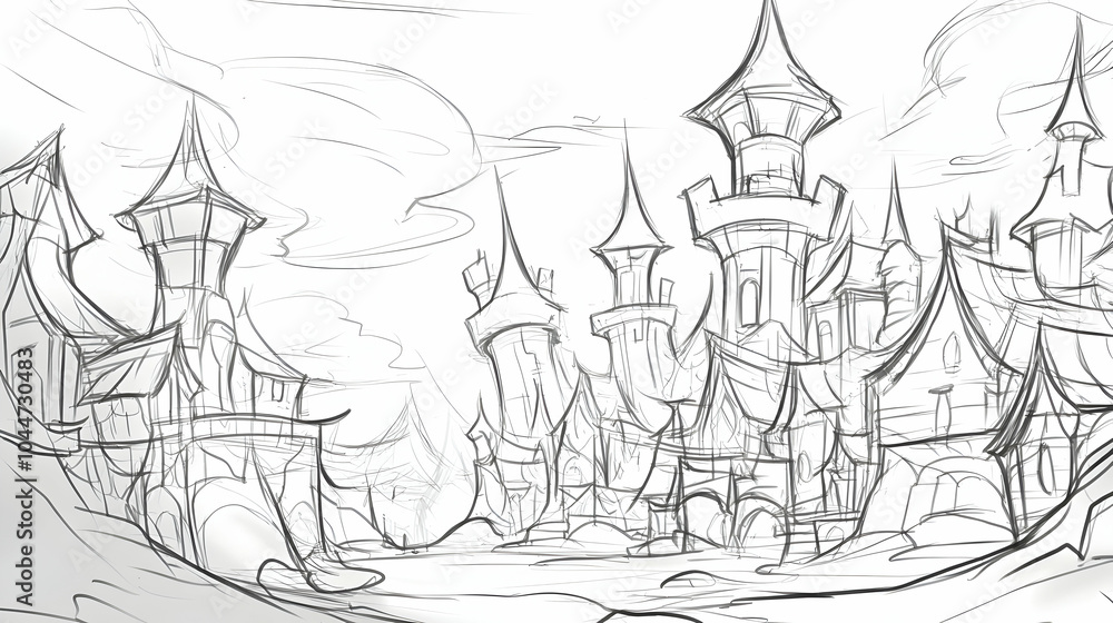 Obraz premium Sketch of a medieval fantasy city with towers and spires, overlooking a valley.