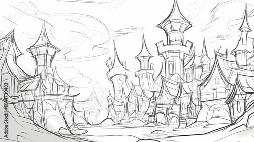 Sketch of a medieval fantasy city with towers and spires, overlooking a valley.