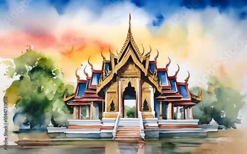 Watercolor painting of a temple in Bangkok, Thailand