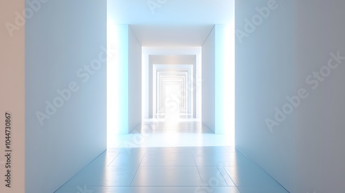 A futuristic white hallway with a glowing light at the end,white hallway with a bright light at the end,Empty white futuristic corridor with a glowing light in the distance