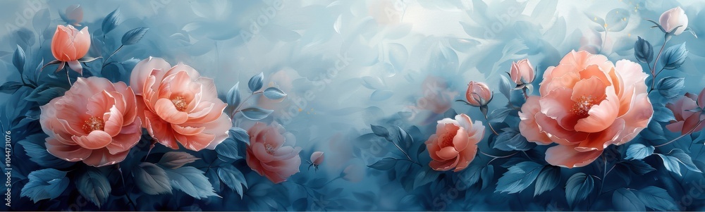 Φωτογραφία Painting of a bunch of flowers with leaves, plant background, banner, copy space