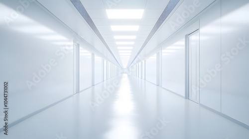 A futuristic white hallway with a glowing light at the end white hallway with a bright light at the end Empty white futuristic corridor with a glowing light in the distance