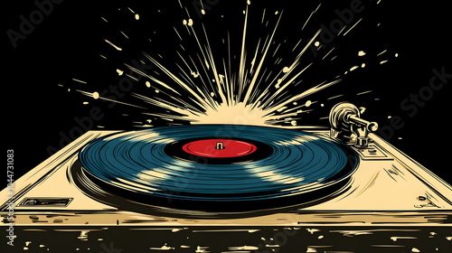 Vintage turntable with a spinning record and a burst of light.