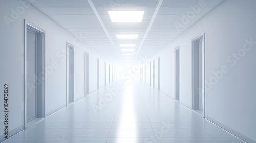 A futuristic white hallway with a glowing light at the end,white hallway with a bright light at the end,Empty white futuristic corridor with a glowing light in the distance