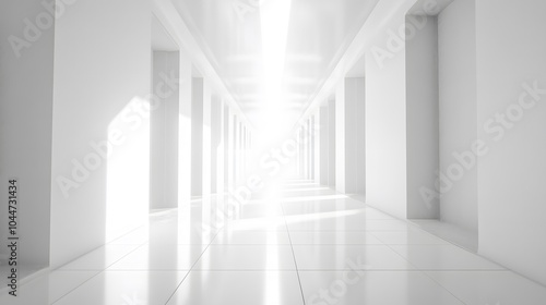 A futuristic white hallway with a glowing light at the end,white hallway with a bright light at the end,Empty white futuristic corridor with a glowing light in the distance