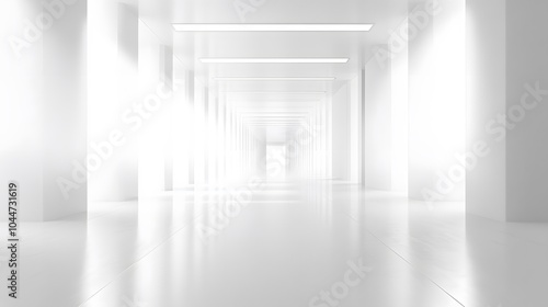 A futuristic white hallway with a glowing light at the end,white hallway with a bright light at the end,Empty white futuristic corridor with a glowing light in the distance