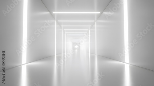 A futuristic white hallway with a glowing light at the end,white hallway with a bright light at the end,Empty white futuristic corridor with a glowing light in the distance