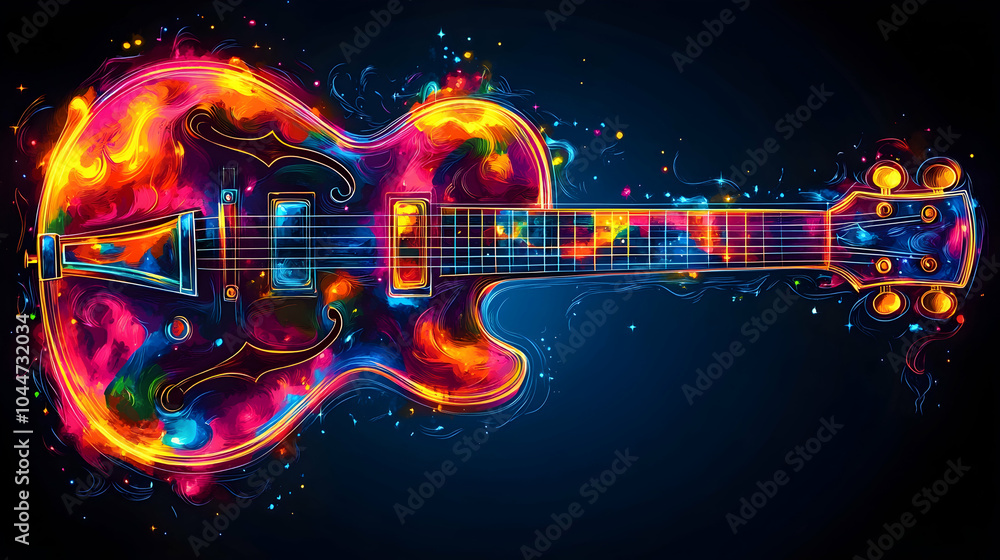 Obraz premium A fiery electric guitar with colorful flames burning around it.