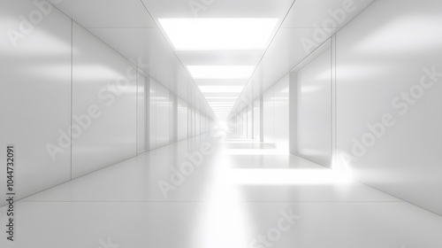 A futuristic white hallway with a glowing light at the end,white hallway with a bright light at the end,Empty white futuristic corridor with a glowing light in the distance