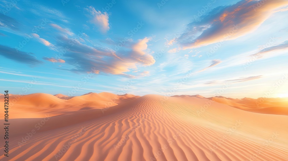 Scenic view of desert landscape with sand dunes and blue sky. Scenic view of desert landscape with sand dunes and blue sky.