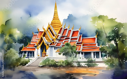 Watercolor painting of a temple in Bangkok, Thailand