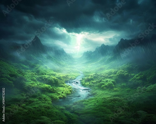 Wallpaper Mural Luminous ray of light pierces through dark storm clouds over lush green valley and river. Torontodigital.ca