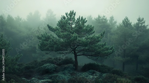 Foggy Forest Landscape with Pine Trees - Tranquil Nature Scene