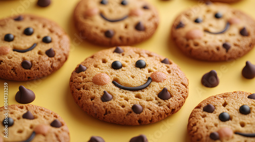 Adorable 3D cookies with smiling faces and chocolate chips scattered on a yellow background