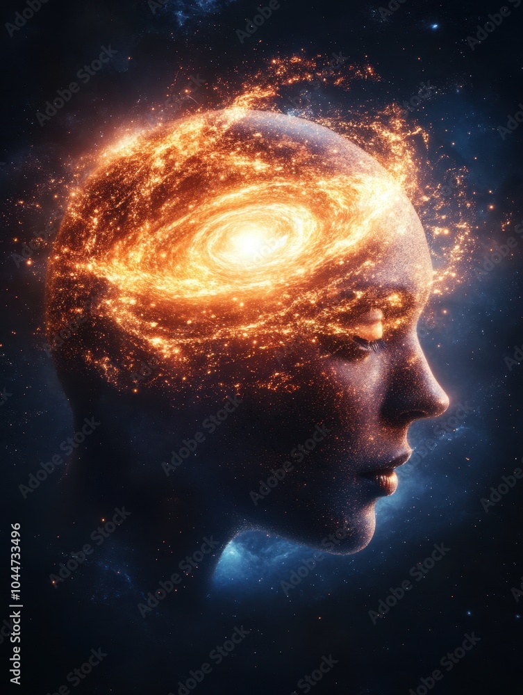 A human mind transformed into a luminous galaxy, showcasing the vastness of thoughts and creativity. A human mind transformed into a luminous galaxy, showcasing the vastness of thoughts and creativity.