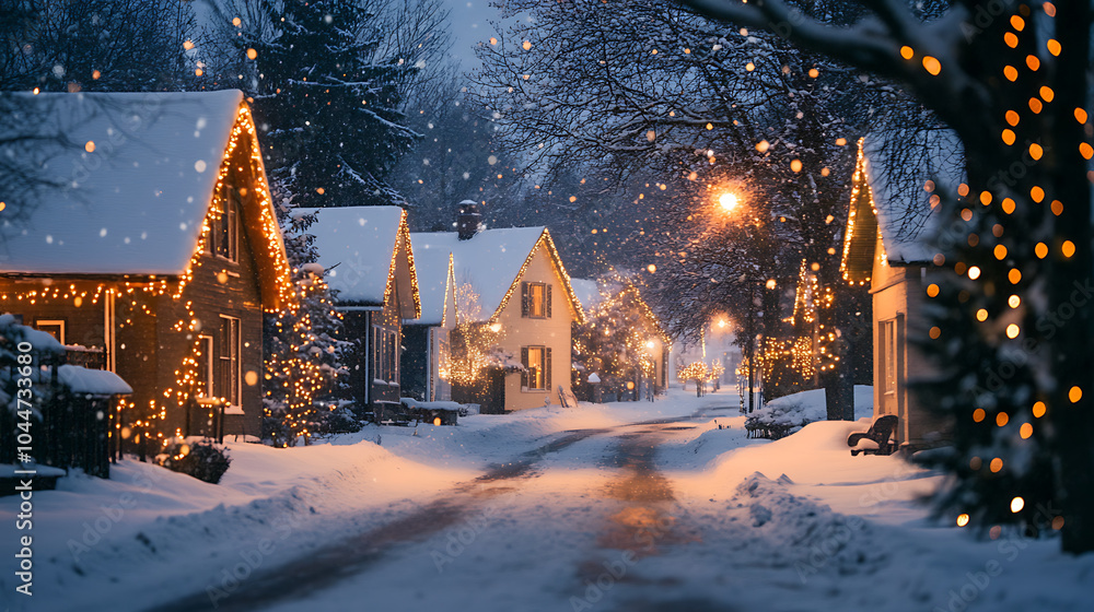 serene snowy evening with charming houses adorned in festive lights serene snowy evening with charming houses adorned in festive lights