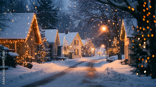 serene snowy evening with charming houses adorned in festive lights