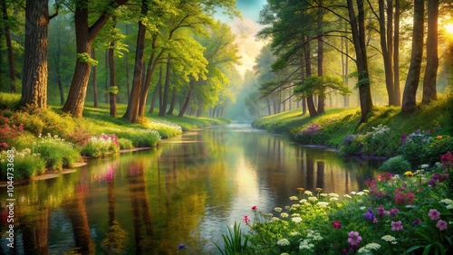 Tranquil forest landscape with river, trees, and flowers