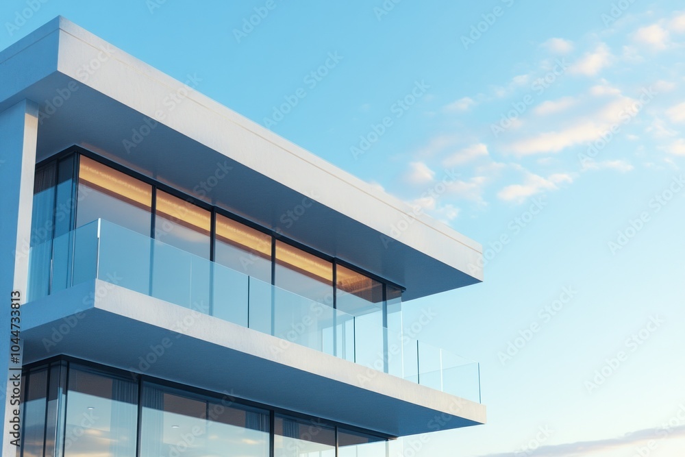 Obraz premium Modern Building with Glass Facade Against Blue Sky