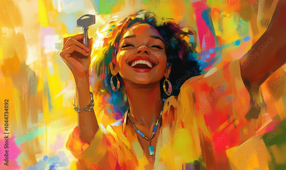 Obraz premium Smiling woman holding key, colorful background.