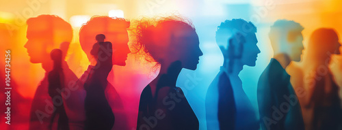 vibrant double exposure illustration showcasing silhouettes of people in business network setting, conveying connection and collaboration. colorful background enhances emotional expression of unity
