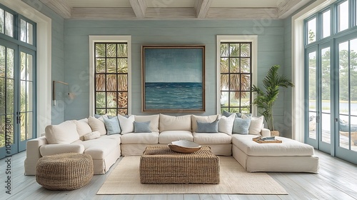 Bright coastalstyle living room with whitewashed wooden floors a light beige sofa and wicker furniture The space is adorned with seainspired decor and light blue accents photo