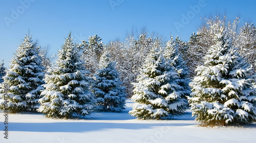 Snow covered evergreen trees create serene winter landscape