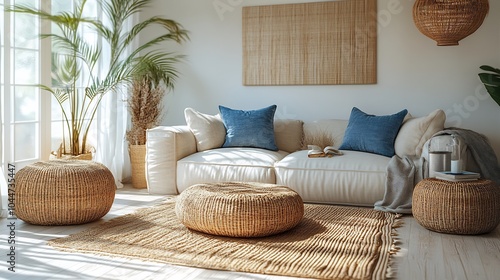 Bright coastalstyle living room with whitewashed wooden floors a light beige sofa and wicker furniture The space is adorned with seainspired decor and light blue accents photo