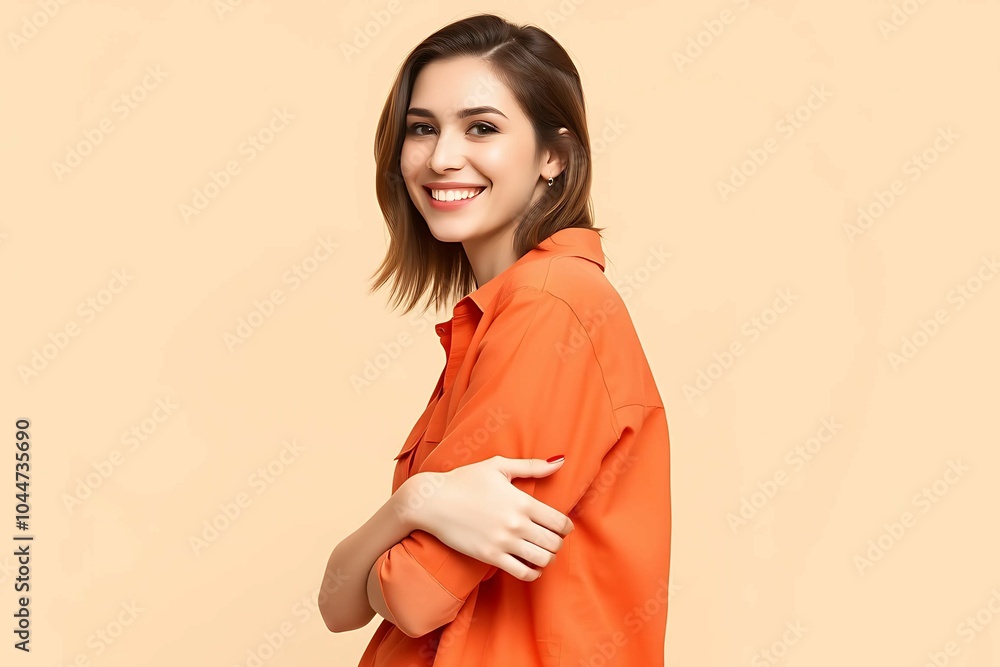 Obraz premium A young smiling woman in a casual orange shirt, standing with her arms crossed, looking confidently at the camera, isolated against a plain pastel light beige background