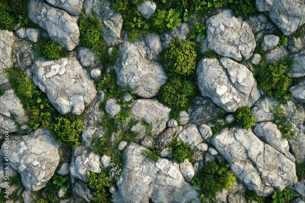 Rocky Ground with Green Vegetation Top View Rocky Ground with Green Vegetation Top View