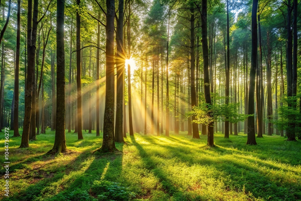 Obraz premium Silhouette of quiet forest at sunrise with sunlight filtering through trees