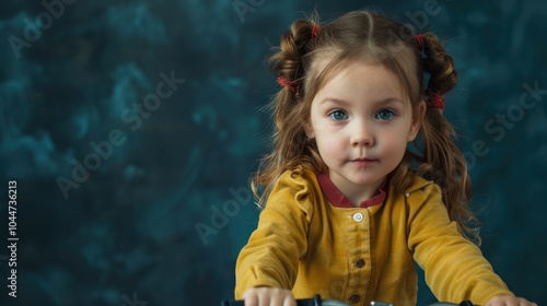 Little girl with cute expression riding a small bicycle on dark blue background and copy space