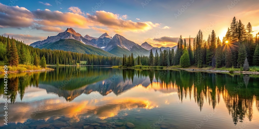 Fototapeta premium Tranquil landscape with mountains, forest, and lake during golden hour