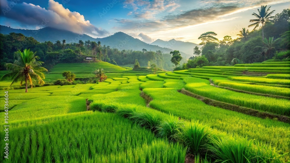 Fototapeta premium Tranquil meadow of emerald green rice stretching to the horizon