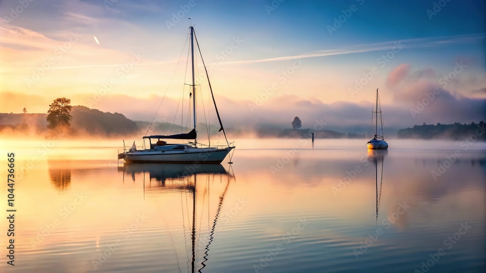 Tranquil morning harbor with sailboat in misty silhouette conditions Tranquil morning harbor with sailboat in misty silhouette conditions