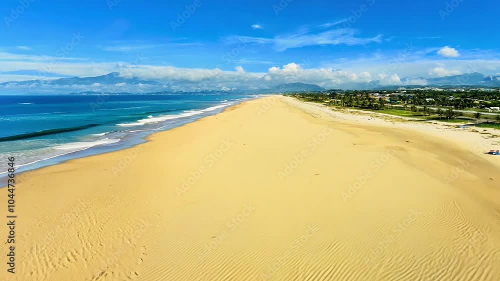 Camera movement zoom out, bright daylight, wide video of sandy beaches midday with scattered clouds Camera movement zoom out, bright daylight, wide video of sandy beaches midday with scattered clouds