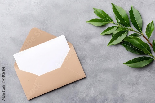 Elegant envelope with blank card and green leaves