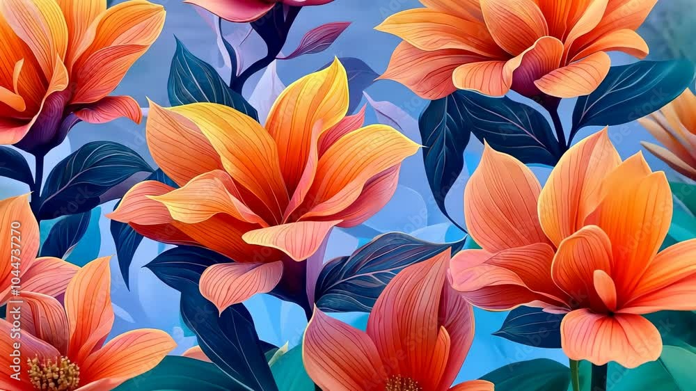 Vibrant floral pattern featuring pink and purple magnolia flowers against a soft blue background Vibrant floral pattern featuring pink and purple magnolia flowers against a soft blue background