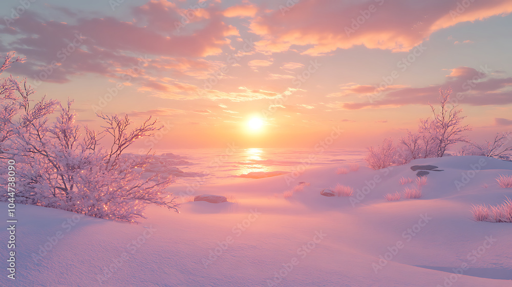 beautiful sunset over snow covered landscape creates serene atmosphere