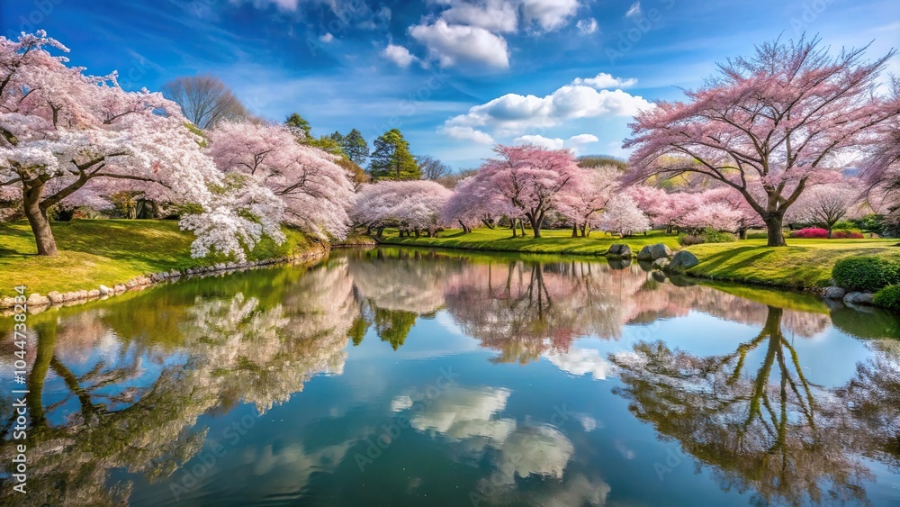 Tranquil pond with Japanese cherry trees in bloom Tranquil pond with Japanese cherry trees in bloom