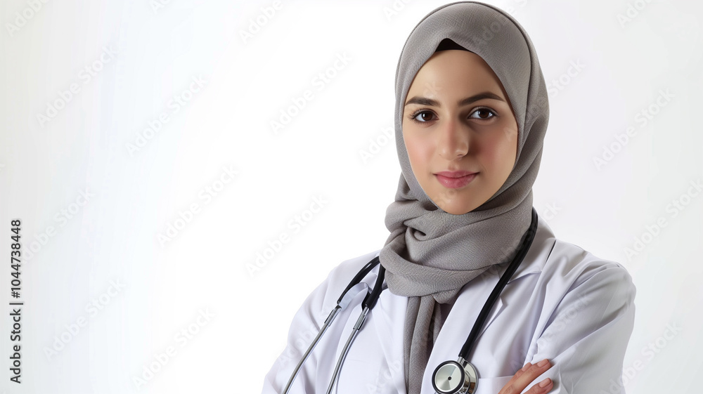 Portrait of a young muslim female doctor isolated on white background. Portrait of a young muslim female doctor isolated on white background.